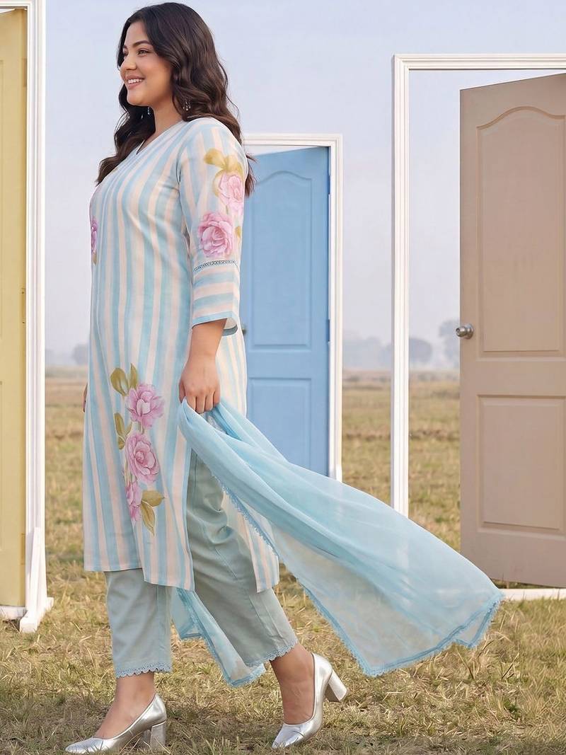Plus Size Blue Printed Straight Kurta Trousers With Dupatta Set