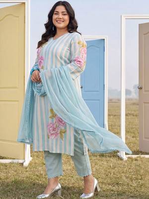 Plus Size Blue Printed Straight Kurta Trousers With Dupatta Set 5