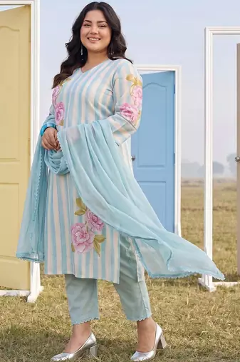 Plus Size Blue Printed Straight Kurta Trousers With Dupatta Set