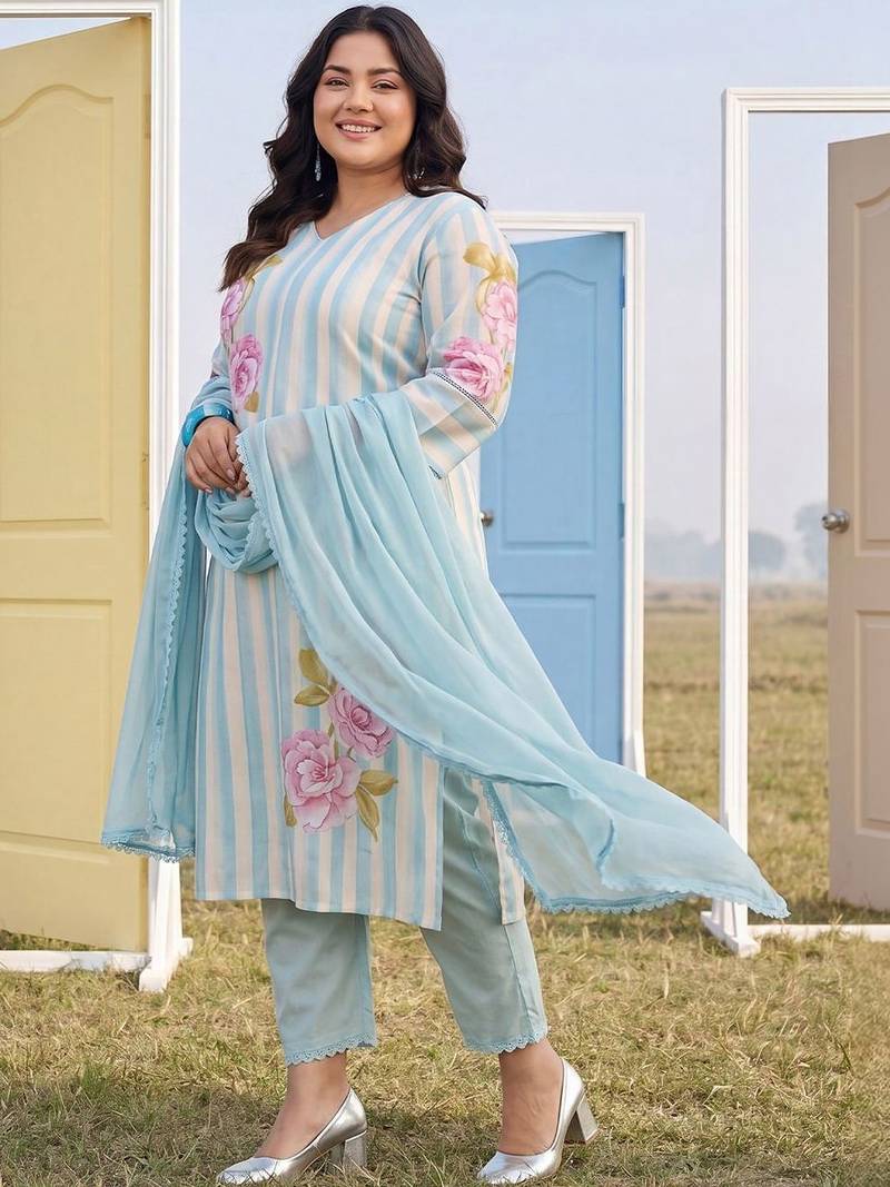 Plus Size Blue Printed Straight Kurta Trousers With Dupatta Set