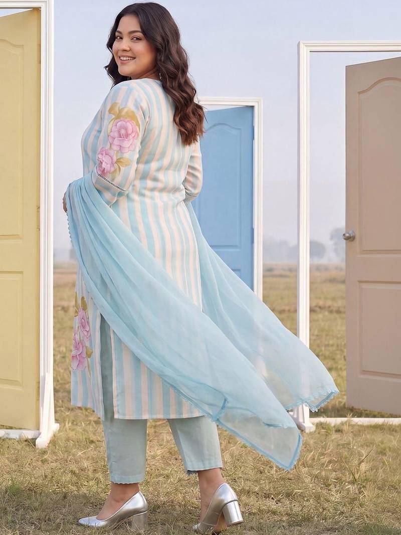 Plus Size Blue Printed Straight Kurta Trousers With Dupatta Set