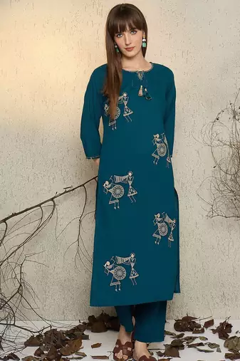 Women Printed Regular Thread Work Pure Cotton Kurta with Trousers