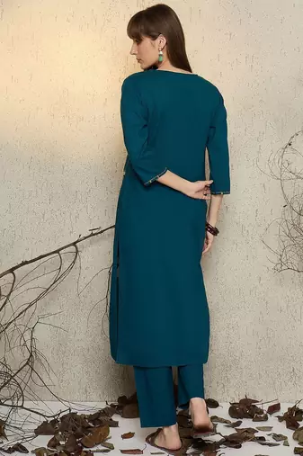 Women Printed Regular Thread Work Pure Cotton Kurta with Trousers