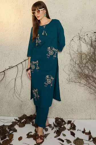Women Printed Regular Thread Work Pure Cotton Kurta with Trousers