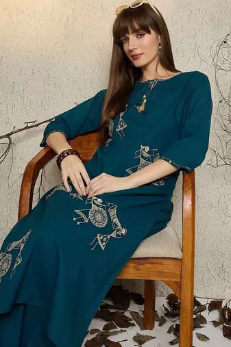 Women Printed Regular Thread Work Pure Cotton Kurta with Trousers