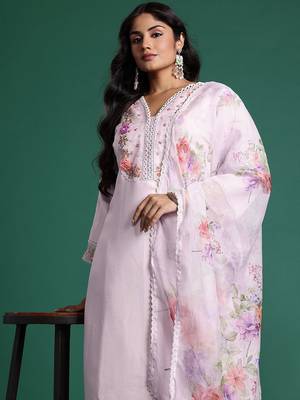 Plus Size Lavender Embroidered Straight Kurta Trousers With Dupatta Set 1