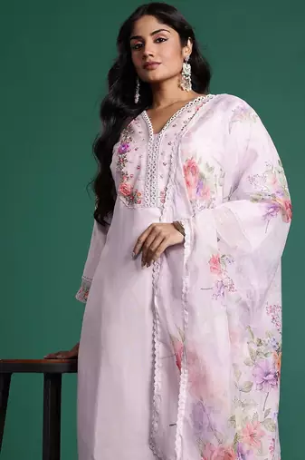 Plus Size Lavender Embroidered Straight Kurta Trousers With Dupatta Set