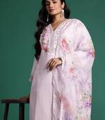 Plus Size Lavender Embroidered Straight Kurta Trousers With Dupatta Set