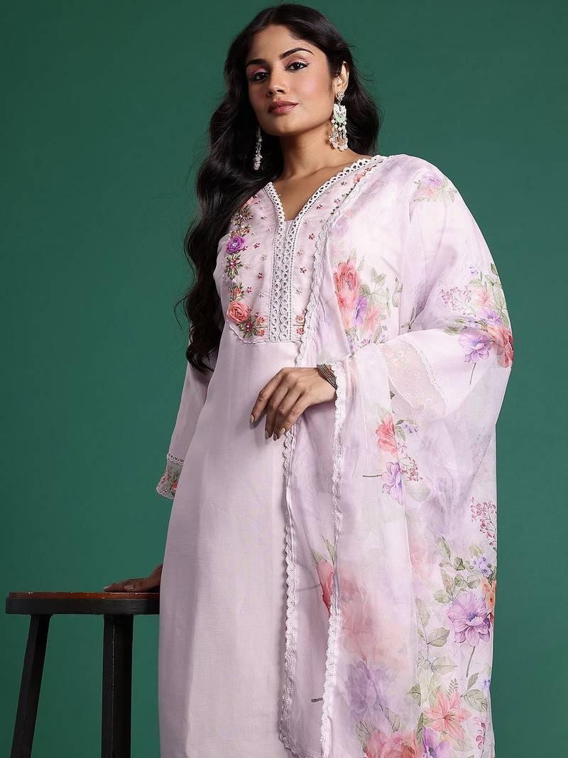 Plus Size Lavender Embroidered Straight Kurta Trousers With Dupatta Set