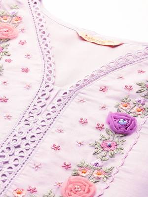 Plus Size Lavender Embroidered Straight Kurta Trousers With Dupatta Set 2