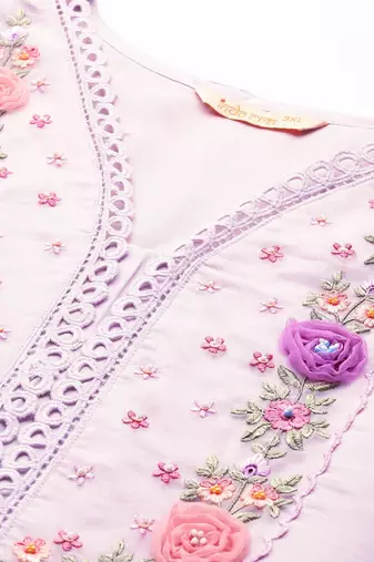 Plus Size Lavender Embroidered Straight Kurta Trousers With Dupatta Set