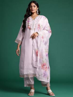Plus Size Lavender Embroidered Straight Kurta Trousers With Dupatta Set 5