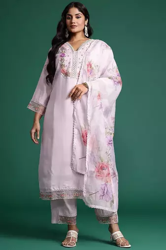 Plus Size Lavender Embroidered Straight Kurta Trousers With Dupatta Set