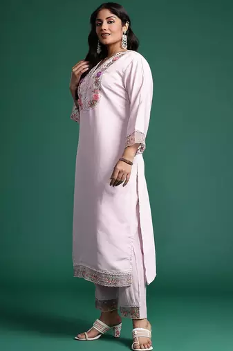 Plus Size Lavender Embroidered Straight Kurta Trousers With Dupatta Set