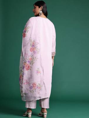 Plus Size Lavender Embroidered Straight Kurta Trousers With Dupatta Set 7