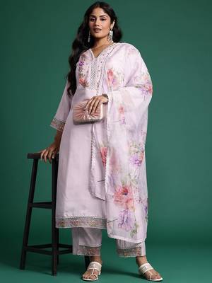 Plus Size Lavender Embroidered Straight Kurta Trousers With Dupatta Set 8