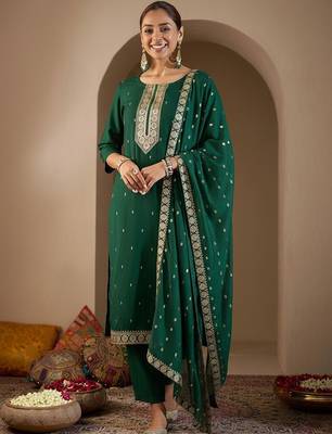 Ethnic Motifs Embroidered Straight Thread Work Kurta With Trousers & Dupatta 1