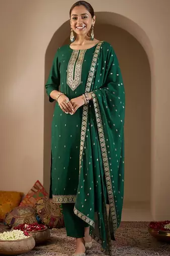 Ethnic Motifs Embroidered Straight Thread Work Kurta With Trousers & Dupatta