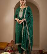 Ethnic Motifs Embroidered Straight Thread Work Kurta With Trousers & Dupatta