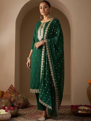 Ethnic Motifs Embroidered Straight Thread Work Kurta With Trousers & Dupatta 2