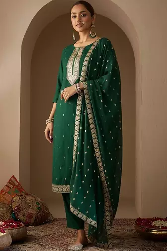 Ethnic Motifs Embroidered Straight Thread Work Kurta With Trousers & Dupatta
