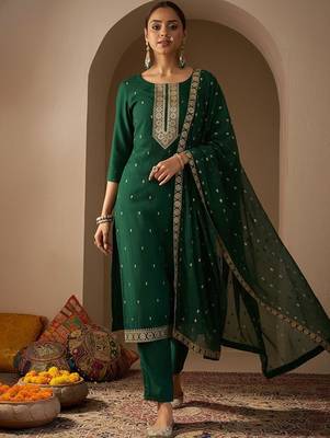 Ethnic Motifs Embroidered Straight Thread Work Kurta With Trousers & Dupatta 4