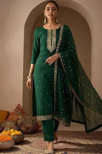 Ethnic Motifs Embroidered Straight Thread Work Kurta With Trousers & Dupatta