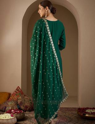 Ethnic Motifs Embroidered Straight Thread Work Kurta With Trousers & Dupatta 5