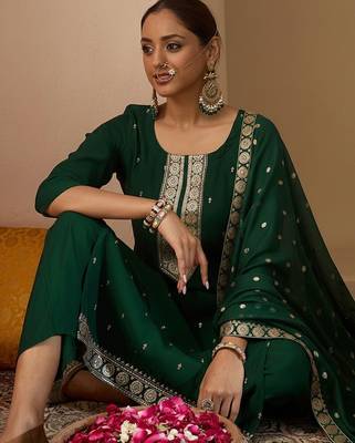 Ethnic Motifs Embroidered Straight Thread Work Kurta With Trousers & Dupatta 6
