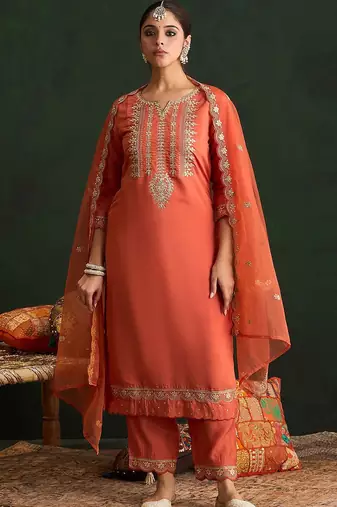 Ethnic Motifs Embroidered Gotta Patti Straight Kurta With Trousers & Dupatta