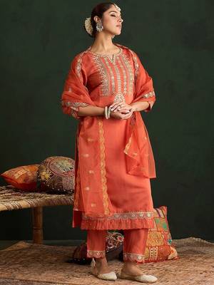 Ethnic Motifs Embroidered Gotta Patti Straight Kurta With Trousers & Dupatta 5