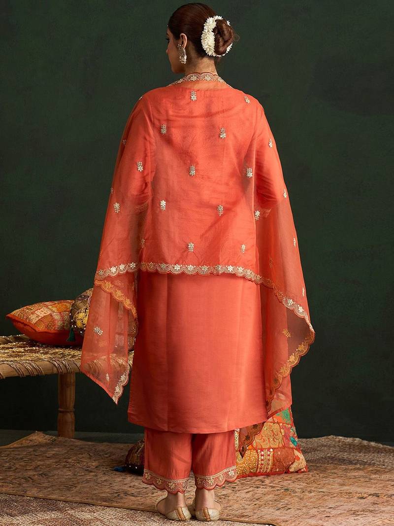 Ethnic Motifs Embroidered Gotta Patti Straight Kurta With Trousers & Dupatta