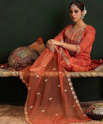 Ethnic Motifs Embroidered Gotta Patti Straight Kurta With Trousers & Dupatta 7