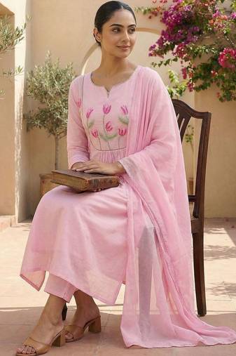 Women Floral Embroidered Panelled Thread Work  Cotton Kurta with Trousers & With Dupatta
