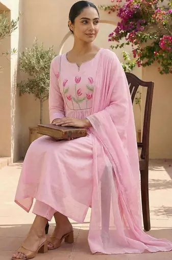 Women Floral Embroidered Panelled Thread Work  Cotton Kurta with Trousers & With Dupatta