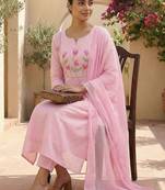 Women Floral Embroidered Panelled Thread Work Pure Cotton Kurta with Trousers & With Dupatta