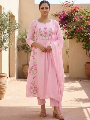 Women Floral Embroidered Panelled Thread Work Pure Cotton Kurta with Trousers & With Dupatta 2