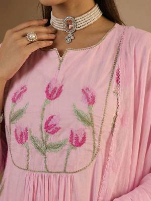 Women Floral Embroidered Panelled Thread Work Pure Cotton Kurta with Trousers & With Dupatta 6