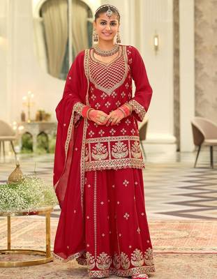Women Ethnic Motifs Embroidered Kurta with Sharara & Dupatta 1