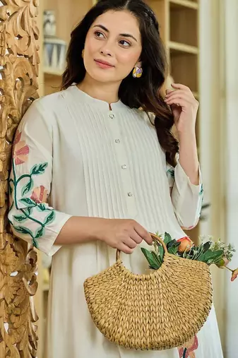 Floral Embroidered Mandarin Collar A Line Pure Cotton Kurta Wwith Trousers