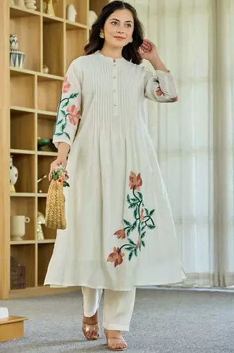 Floral Embroidered Mandarin Collar A Line Pure Cotton Kurta Wwith Trousers