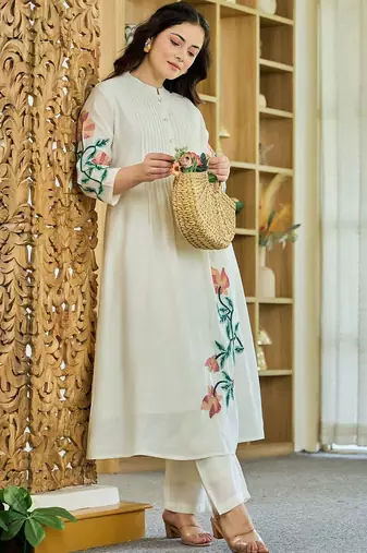 Floral Embroidered Mandarin Collar A Line Pure Cotton Kurta Wwith Trousers
