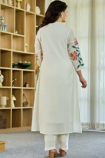 Floral Embroidered Mandarin Collar A Line Pure Cotton Kurta Wwith Trousers