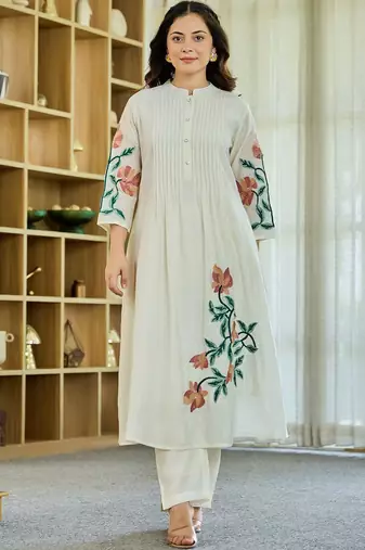 Floral Embroidered Mandarin Collar A Line Pure Cotton Kurta Wwith Trousers