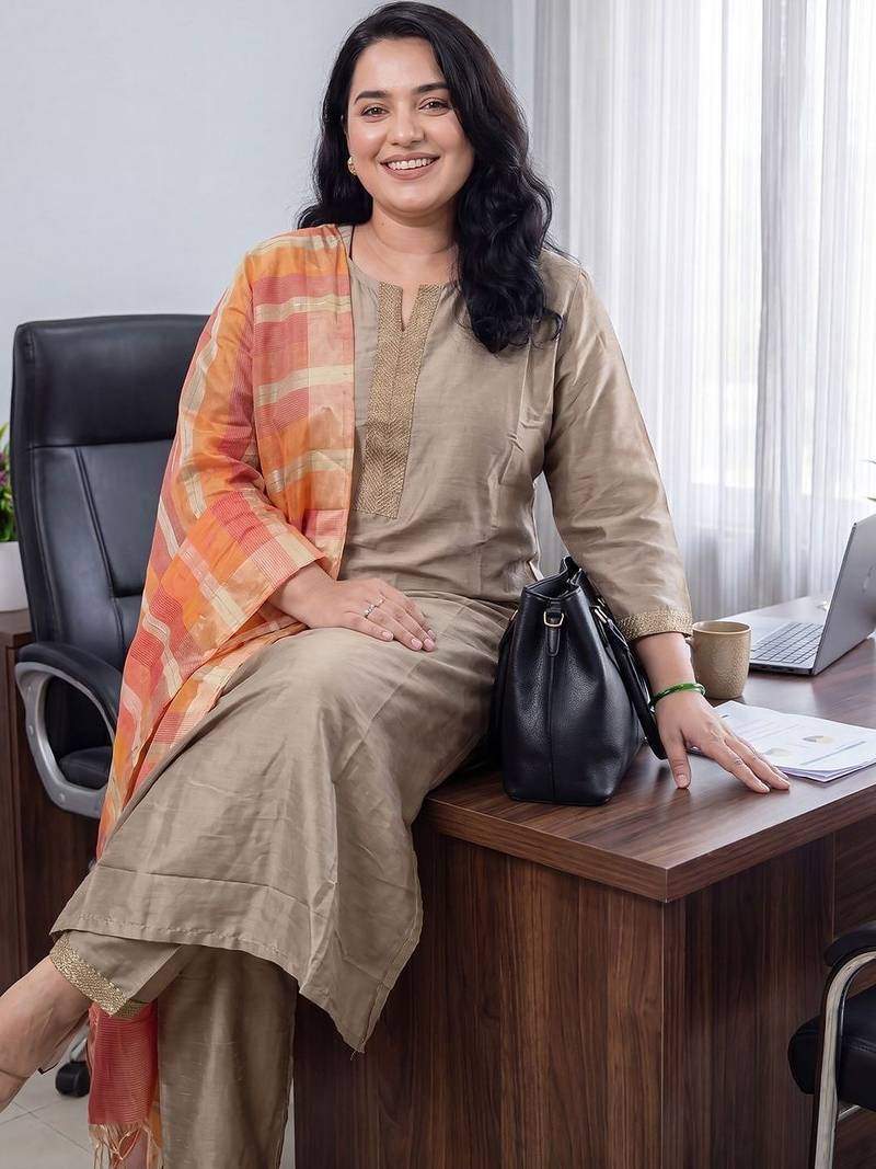 Women Regular Thread Work Kurta with Trousers & With Dupatta
