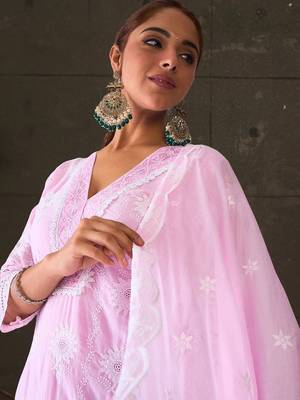 Women Ethnic Motifs Embroidered Regular Chikankari Pure Cotton Kurta with Trousers & With Dupatta 1