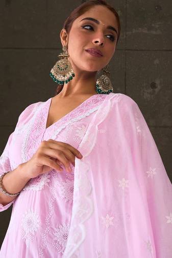 Women Ethnic Motifs Embroidered Regular Chikankari  Cotton Kurta with Trousers & With Dupatta