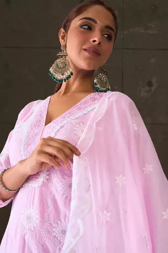 Women Ethnic Motifs Embroidered Regular Chikankari  Cotton Kurta with Trousers & With Dupatta