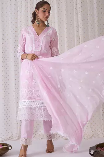 Women Ethnic Motifs Embroidered Regular Chikankari  Cotton Kurta with Trousers & With Dupatta