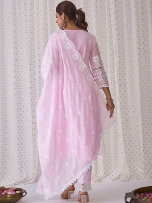 Women Ethnic Motifs Embroidered Regular Chikankari Pure Cotton Kurta with Trousers & With Dupatta 3